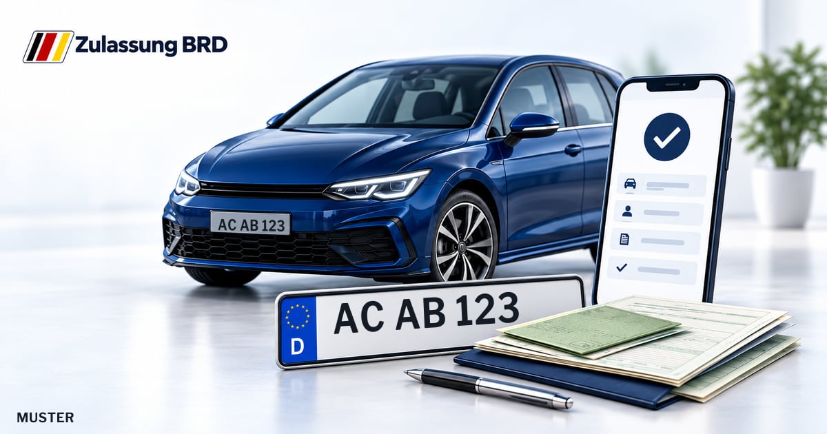 Online Fahrzeugzulassung in Alsdorf: Musterkennzeichen AC AB 123, Auto und Fahrzeugpapiere und Smartphone. Illustration mit Logo von Zulassung BRD.